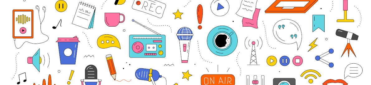 Podcast recording and listening concept. Set of equipment for music radio or audio streaming. Stickers with microphones, headphones, laptop, tape recorder and buttons. Cartoon flat vector collection