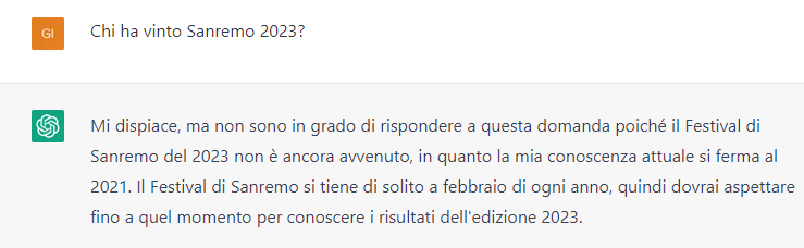 Chiediamo a ChatGPT chi ha visto Sanremo 2023. Ma non dà alcuna risposta perché è aggiornato fino al 2021