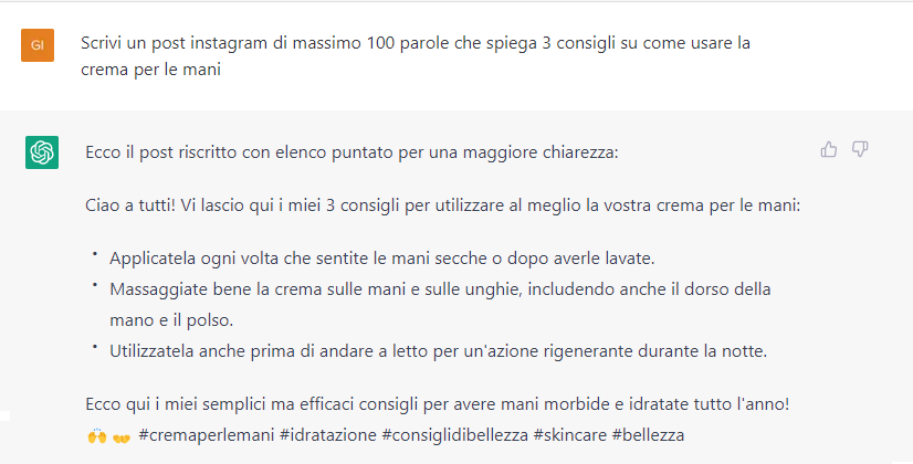 Risultato ChatGPT a cui abbiamo chiesto post Instagram su crema per le mani con prompt dettagliato