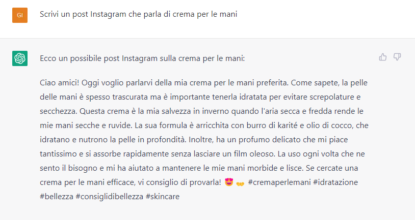 Risultato ChatGPT a cui abbiamo chiesto post Instagram su crema per le mani con prompt generico